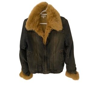 Giacca Brown and Black Jean Jacket with Luxurious Fur Trim